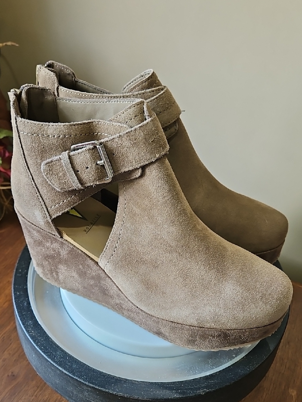 Volatile Taupe Suede Cutout Wedge Booties